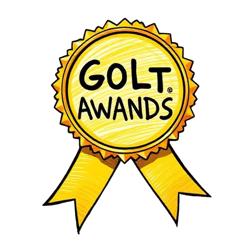 Badly drawn gold award ribbon reading GOLT AWANDS