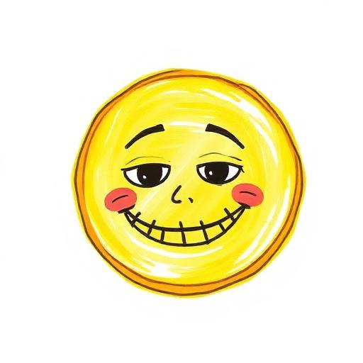 Badly drawn gold coin with a crooked smile, spinning